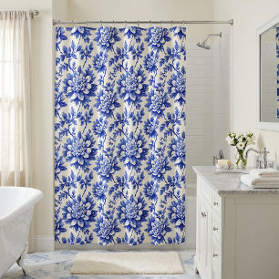 Blue and White Chrysanthemum French Country Decor Shower Curtain