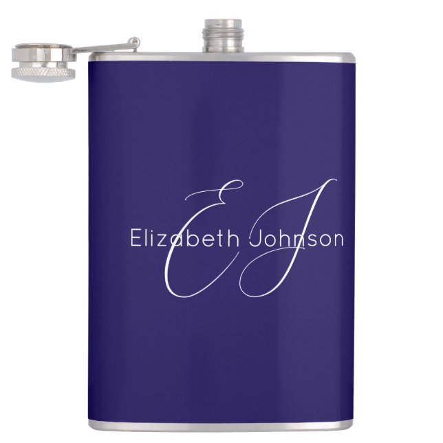 blue and white classic minimalist name customised  hip flask (Opened)