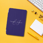 blue and white classic minimalist name customised iPad mini cover<br><div class="desc">the design shows a customisable name along with customisable name monogram in white classic calligraphy and typography with navy blue background.</div>