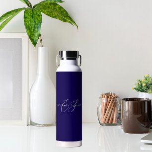 blue and white classic minimalist name customised water bottle