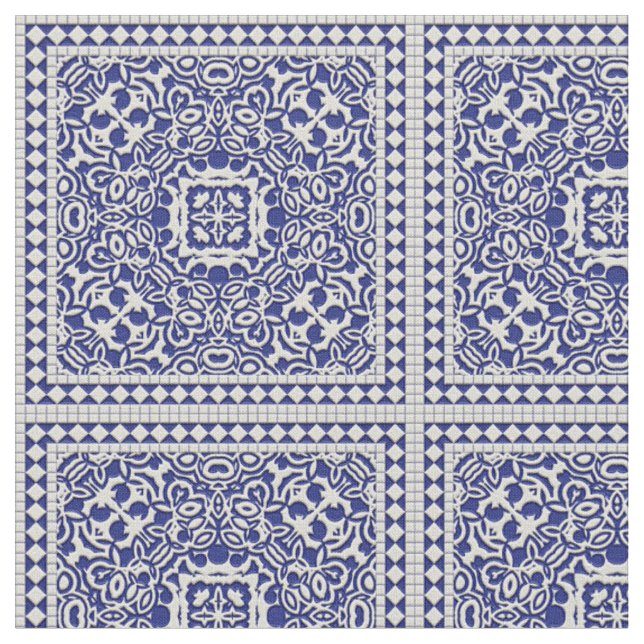 Blue and White Classic Tile Pattern Fabric (Close Up)