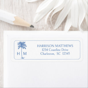 Blue and White Coastal Palmetto Palm Monogram Return Address Label