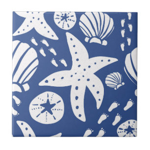 Blue and White Coastal Seashell Ceramic Tile