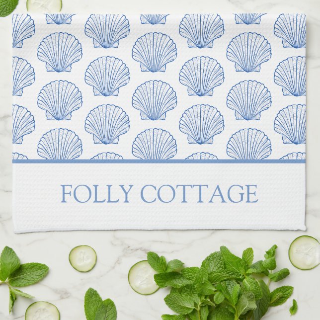 Blue and White Coastal Seashell Personalised Tea Towel (Folded)