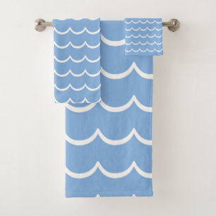 Blue and White Coastal Wave Pattern Bath Towel Set