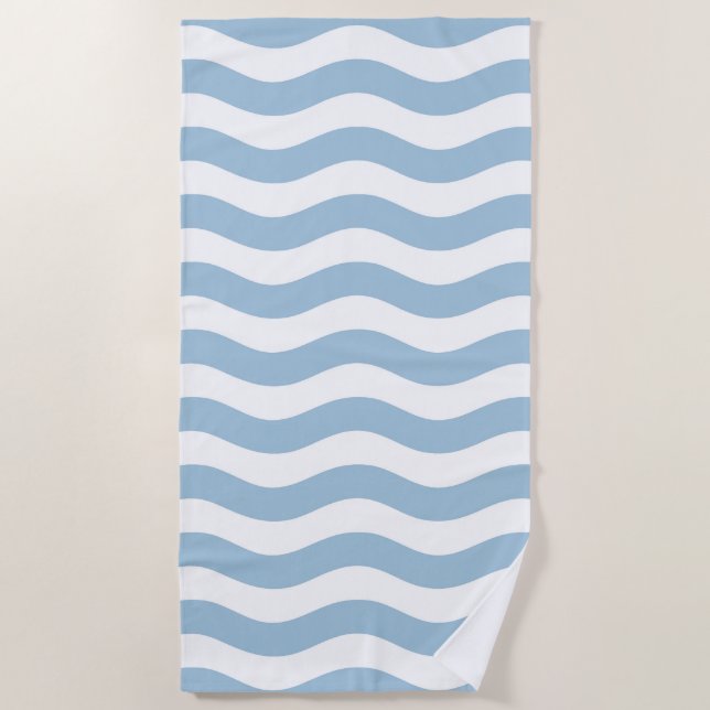 Blue and White Coastal Wave Pattern Beach Towel (Front)