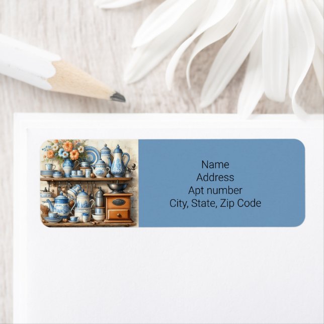 Blue and White Coffee Set Return Address Label (Insitu)