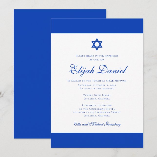 Blue and White | Colours of Israel Bar Mitzvah Invitation (Front/Back)