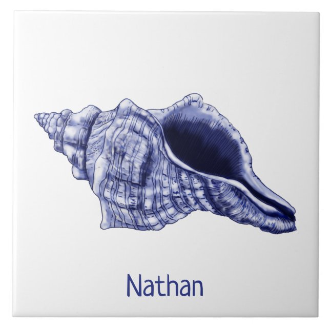 Blue and white conch shell with name ceramic tile (Front)