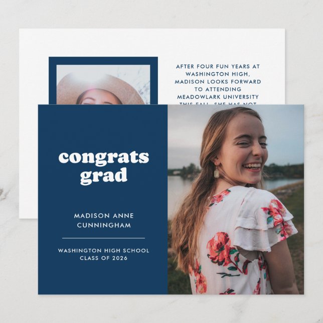 Blue and White Congrats Grad Two Photo Graduation Announcement (Front/Back)