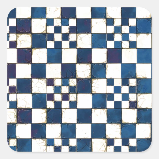 Blue and White Cracked Tile Texture Background Square Sticker (Front)