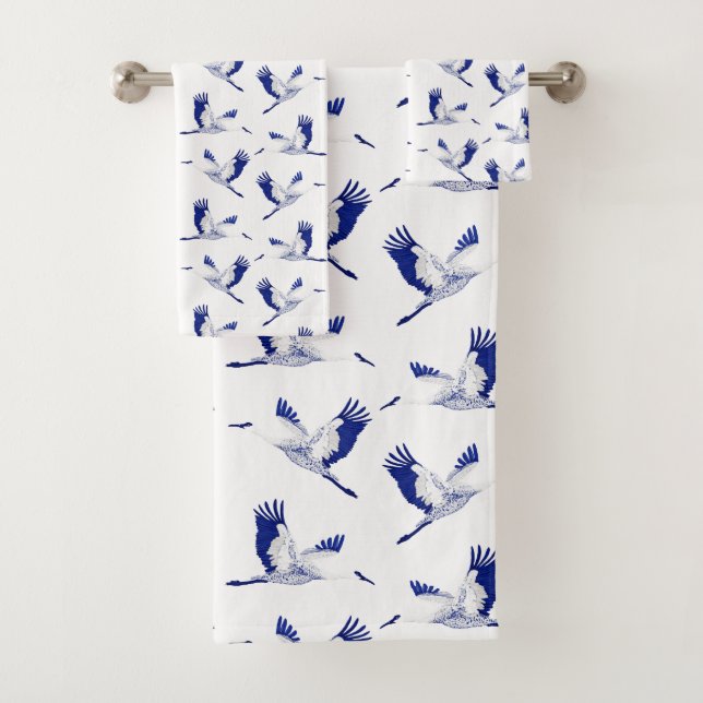Blue and white cranes bath towel set (Insitu)