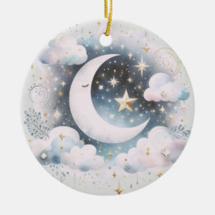 Blue and White Crescent Moon Celestial Boho Modern Ceramic Ornament