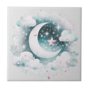 Blue and White Crescent Moon Celestial Boho Modern Ceramic Tile