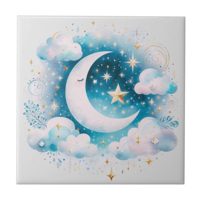 Blue and White Crescent Moon Celestial Boho Modern Ceramic Tile (Front)