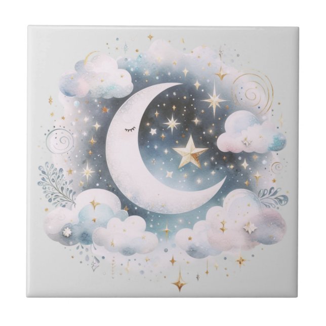 Blue and White Crescent Moon Celestial Boho Modern Ceramic Tile (Front)
