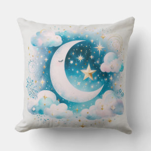 Blue and White Crescent Moon Celestial Boho Modern Cushion