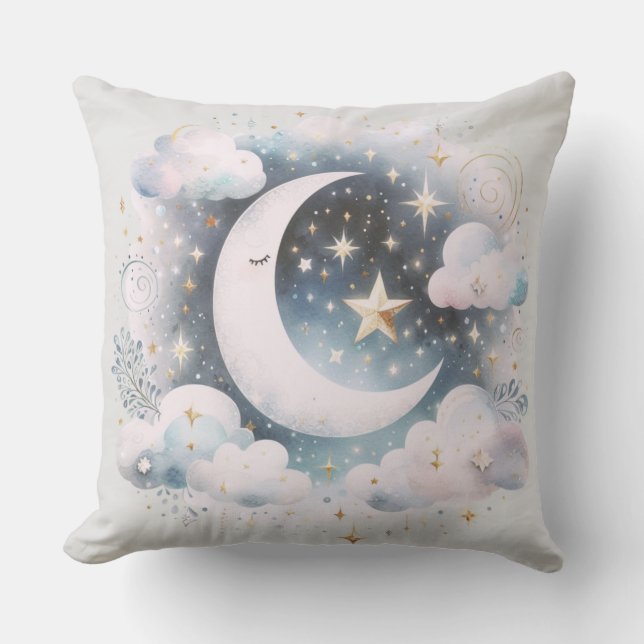 Blue and White Crescent Moon Celestial Boho Modern Cushion (Front)