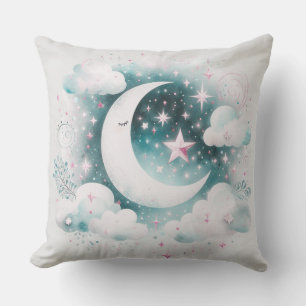 Blue and White Crescent Moon Celestial Boho Modern Cushion