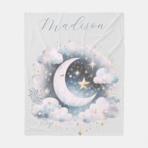 Blue and White Crescent Moon Celestial Boho Modern Fleece Blanket