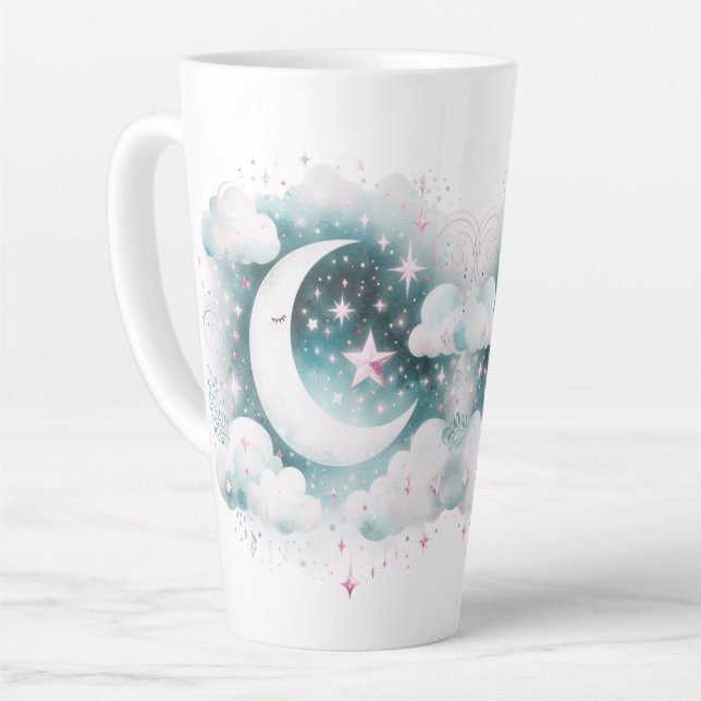Blue and White Crescent Moon Celestial Boho Modern Latte Mug (Left Angle)