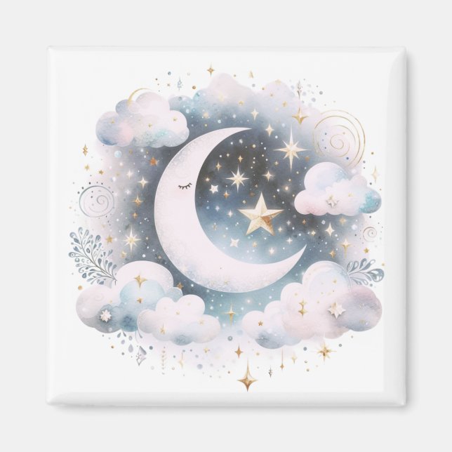 Blue and White Crescent Moon Celestial Boho Modern Magnet (Front)