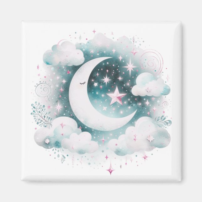 Blue and White Crescent Moon Celestial Boho Modern Magnet (Front)