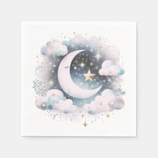 Blue and White Crescent Moon Celestial Boho Modern Napkin (Front)