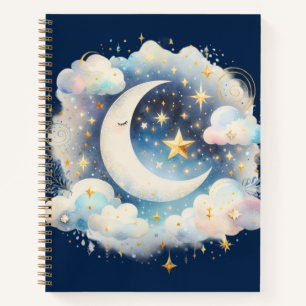 Blue and White Crescent Moon Celestial Boho Modern Notebook