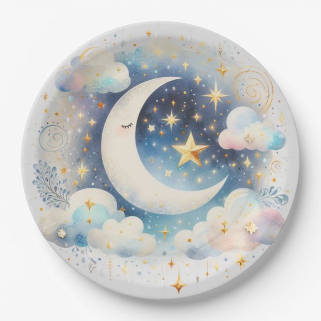 Blue and White Crescent Moon Celestial Boho Modern Paper Plate (Front)
