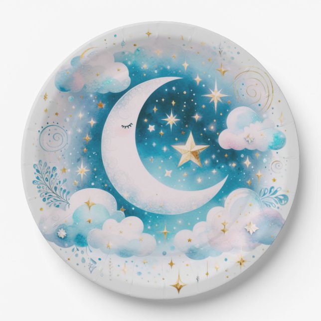 Blue and White Crescent Moon Celestial Boho Modern Paper Plate (Front)