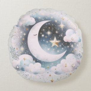 Blue and White Crescent Moon Celestial Boho Modern Round Cushion