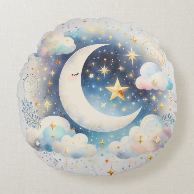Blue and White Crescent Moon Celestial Boho Modern Round Cushion (Front)