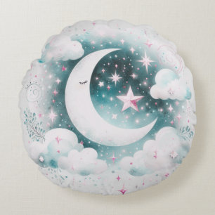 Blue and White Crescent Moon Celestial Boho Modern Round Cushion