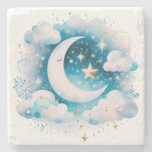 Blue and White Crescent Moon Celestial Boho Modern Stone Coaster