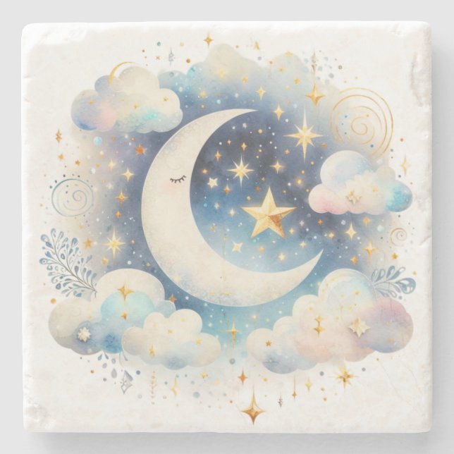 Blue and White Crescent Moon Celestial Boho Modern Stone Coaster (Front)