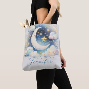 Blue and White Crescent Moon Celestial Boho Modern Tote Bag