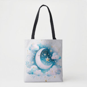 Blue and White Crescent Moon Celestial Boho Modern Tote Bag