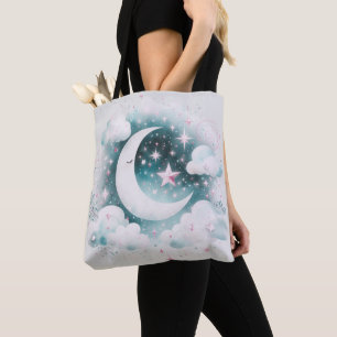 Blue and White Crescent Moon Celestial Boho Modern Tote Bag