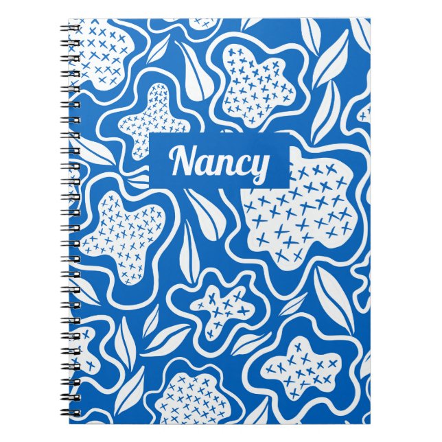 Blue and White Cross Stitch Personalised Notebook (Front)