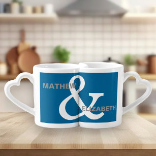 Blue and White Custom Ampersand Lovers Names Coffee Mug Set