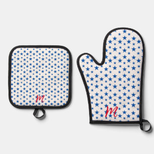 Blue And White Customisable Star Pattern Oven Mitt & Pot Holder Set