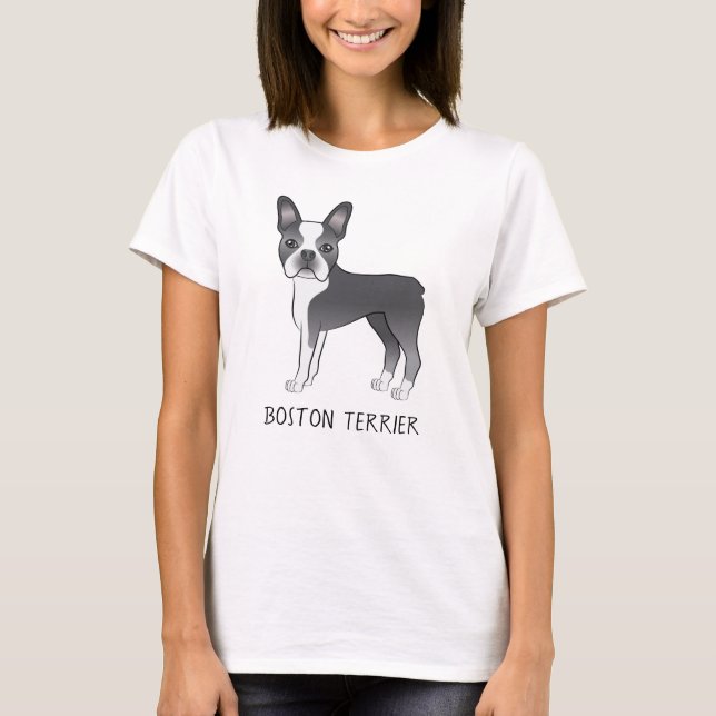 Blue And White Cute Boston Terrier Dog With Text T-Shirt (Front)