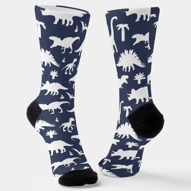 Blue and White Cute Dinosaurs Patterned Socks (Angled)