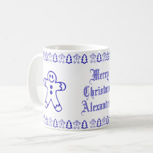 Blue and White Cute Gingerbread Man Christmas Tree Coffee Mug
