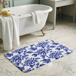Blue and White Dahlia Flowers Toile de Jouy Bath Mat