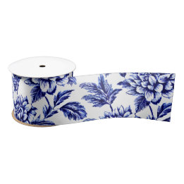 Blue and White Dahlia Flowers Toile de Jouy Satin Ribbon