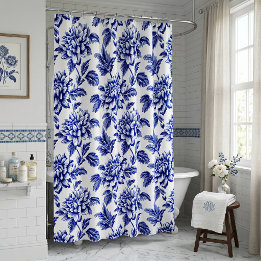 Blue and White Dahlia Flowers Toile de Jouy Shower Curtain