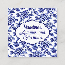 Blue and White Dahlia Flowers Toile de Jouy Square Business Card