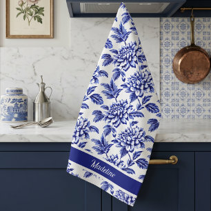 Blue and White Dahlia Flowers Toile de Jouy Tea Towel